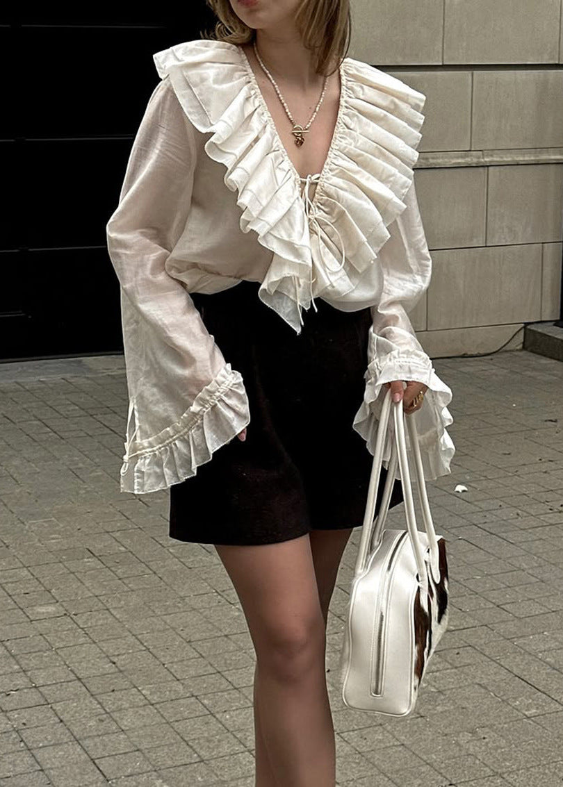 Women's V-Neck Tie Ruffle Layered Shirt, Commute Style