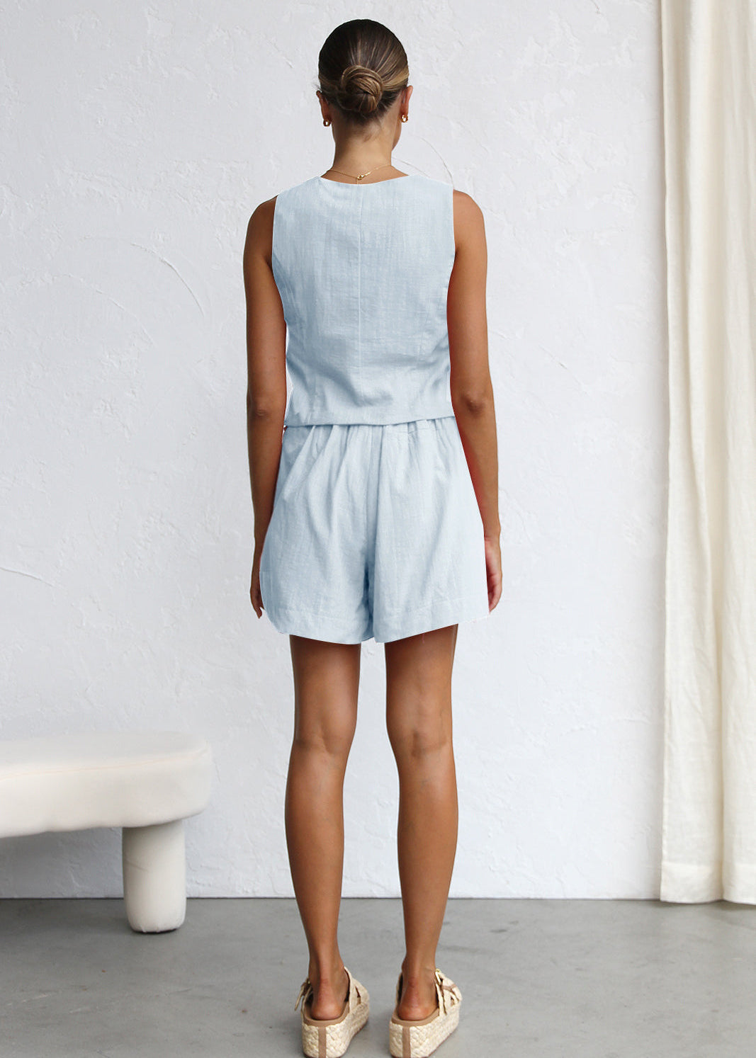 Women's Casual Solid Color Button Top & Commute Straight Shorts Set