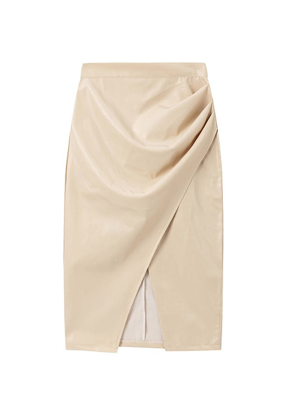 High Waist Zip Ruched Leather Skirt, Sexy Bodycon Skirt