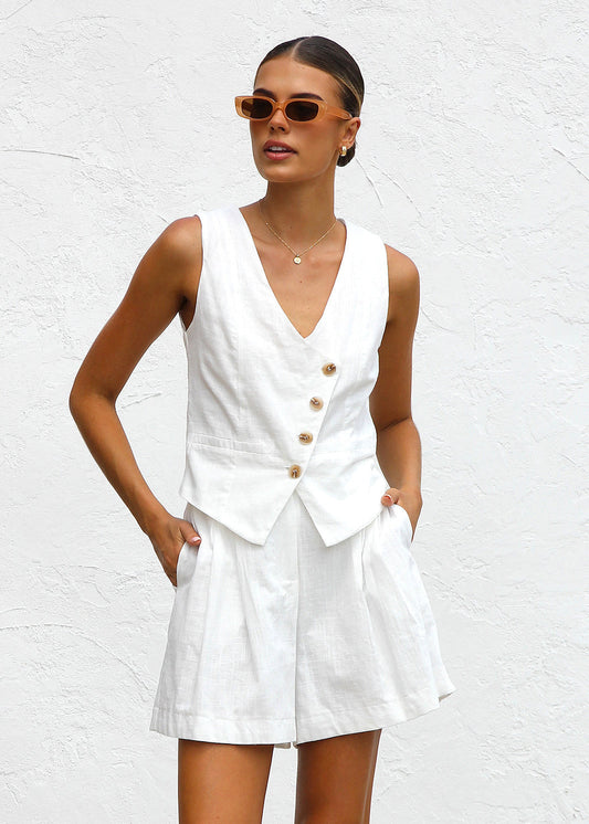 Women's Casual Solid Color Button Top & Commute Straight Shorts Set