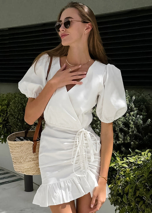 Elegant Tweed Lace-Up Mini Dress with Puff Sleeves in White