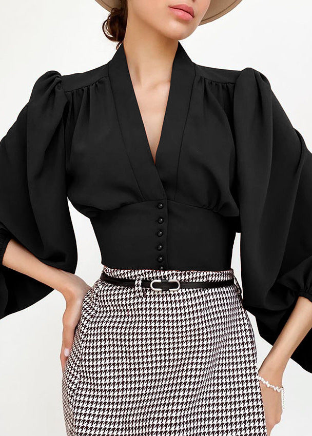 French Style Chiffon V-Neck Long Sleeve Blouse for Commute