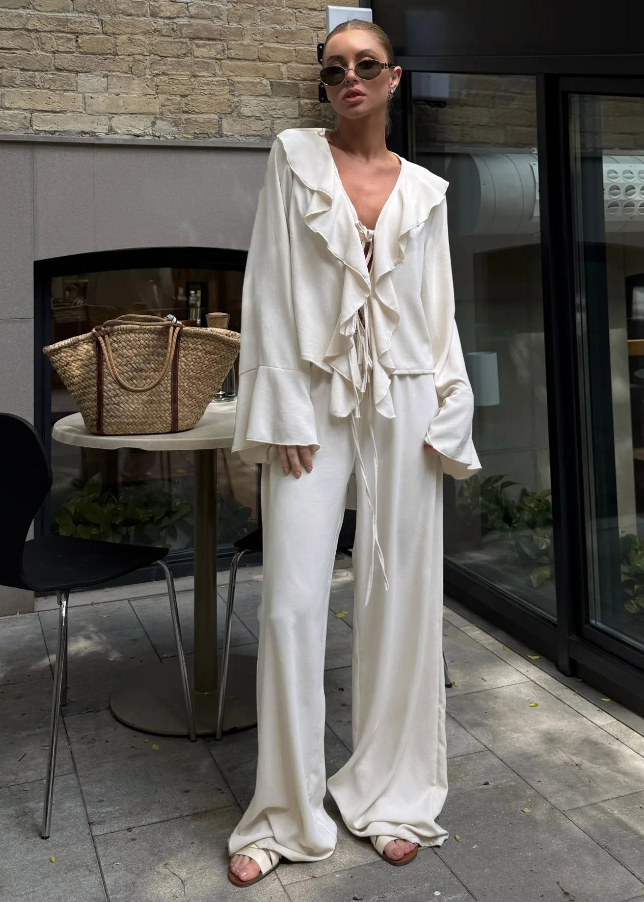 V Neck Ruffle Long Sleeve   2 Piece Set