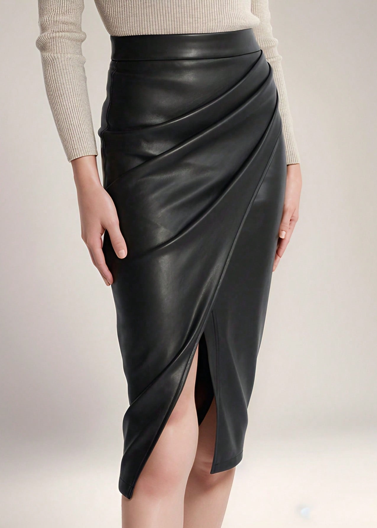 High Waist Zip Ruched Leather Skirt, Sexy Bodycon Skirt