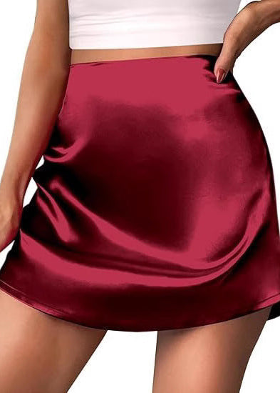 High Waist Satin Mini Skirt, A-Line Zip-Up Skirt