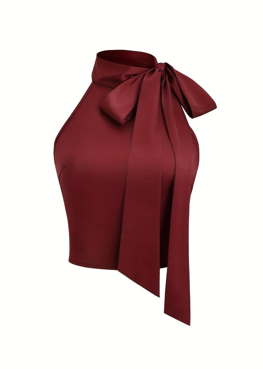 Elegant Commute Sleeveless Satin Blouse with Big Bow