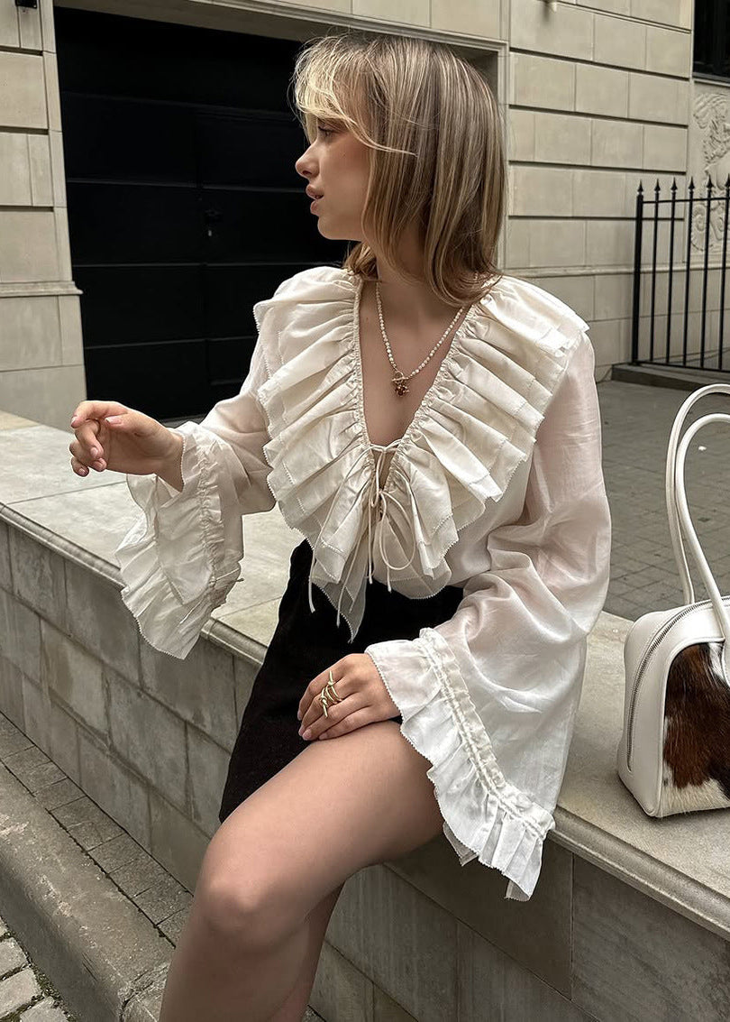 Women's V-Neck Tie Ruffle Layered Shirt, Commute Style
