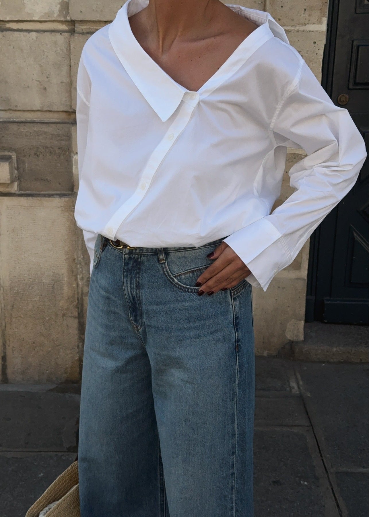 White Asymmetrical Long Sleeve Shirt With Unique Design