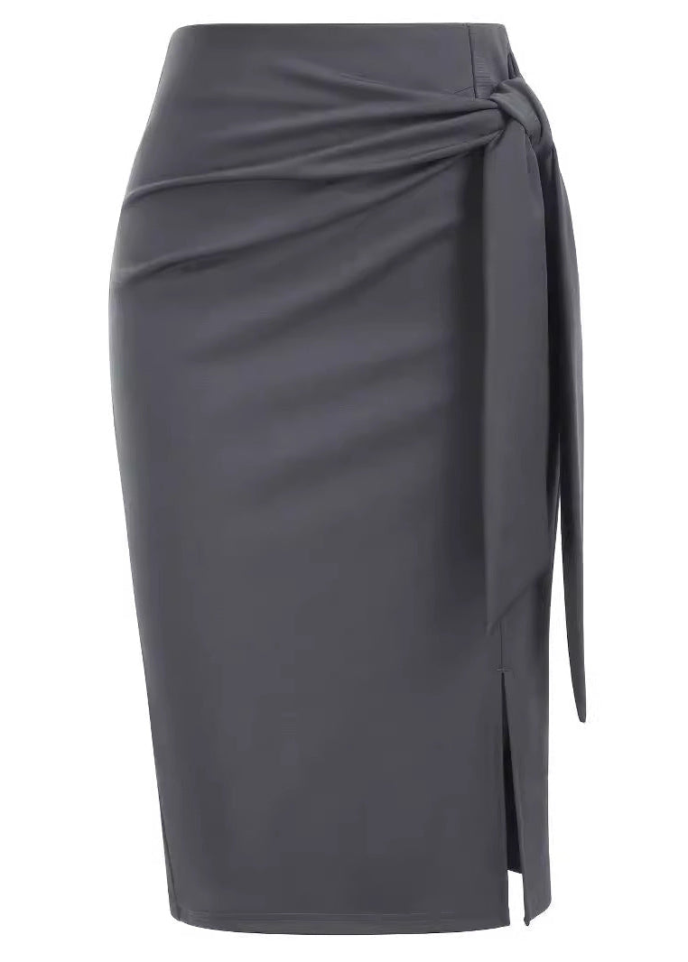 Women's Elegant Professional Solid Color Slit Skirt with Bow