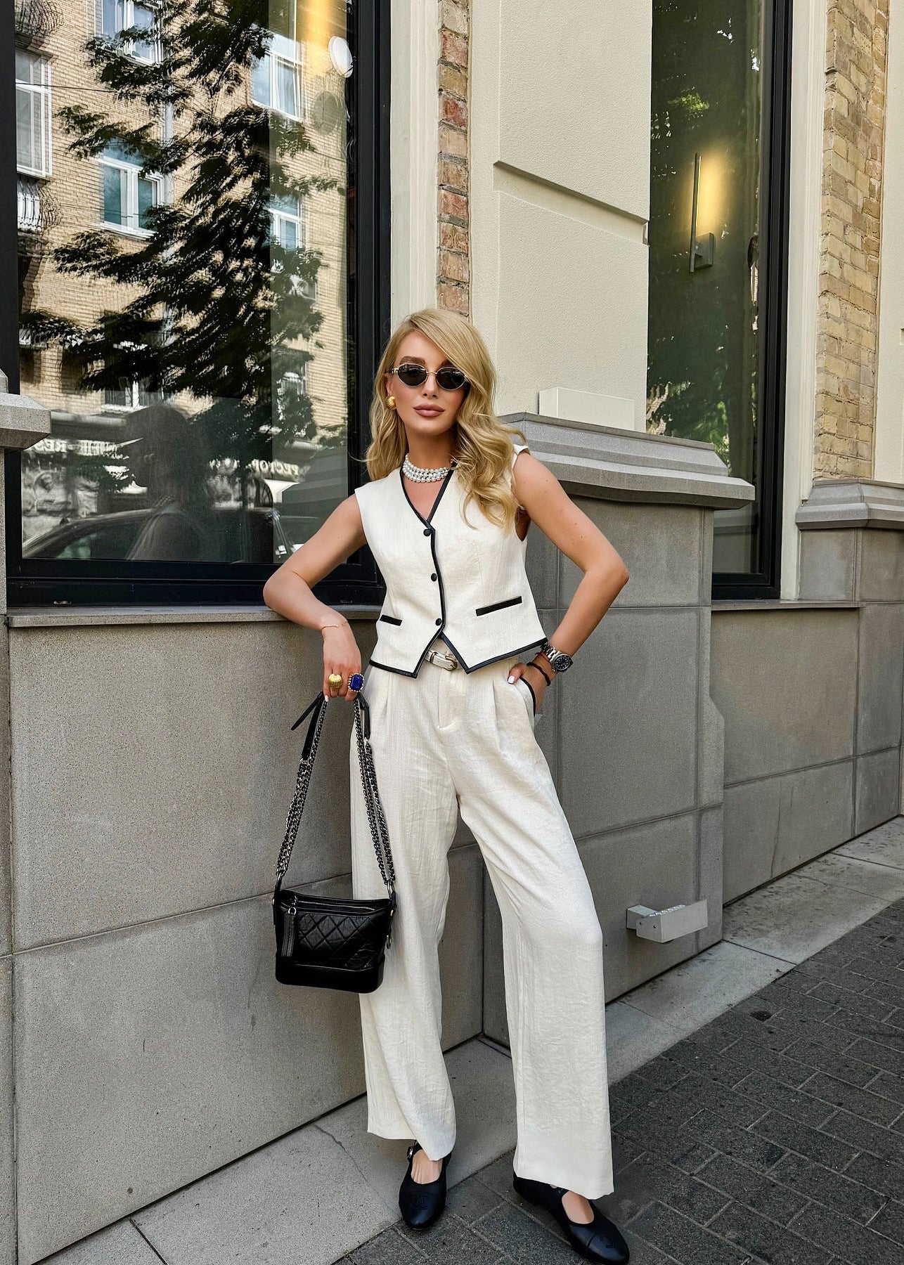 Fashion Color Block Set with Straight Leg Long Pants, Elegant Commute Style