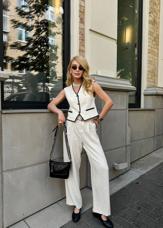 Fashion Color Block Set with Straight Leg Long Pants, Elegant Commute Style
