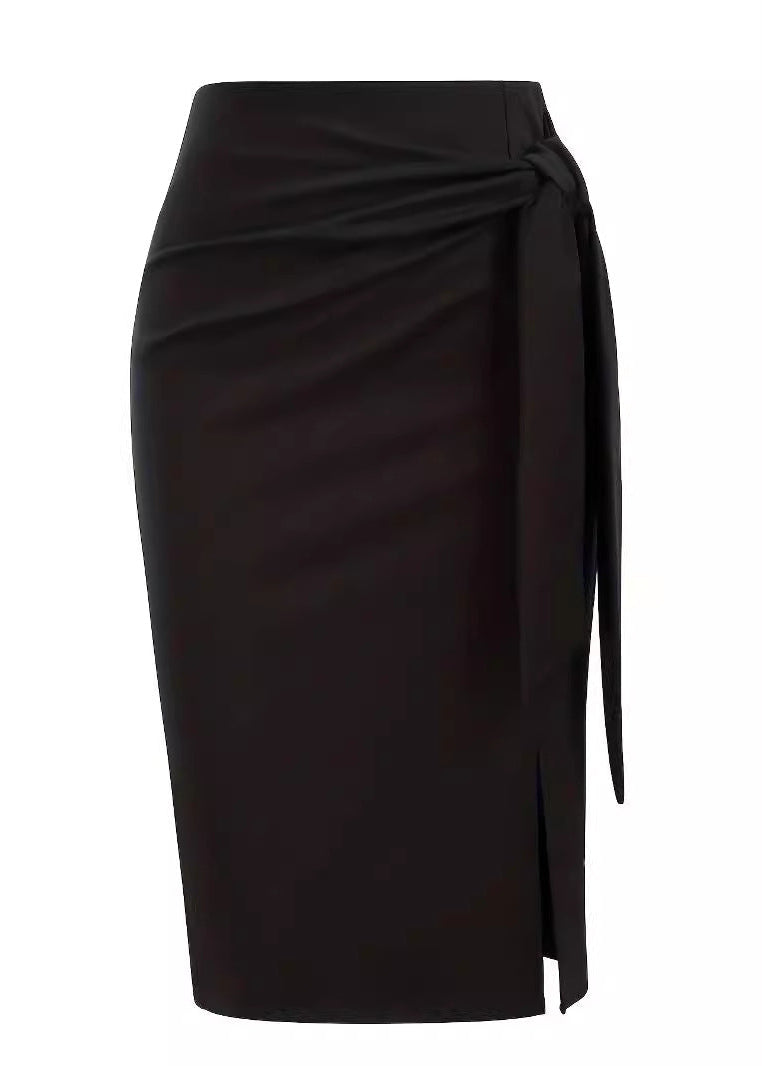 Women's Elegant Professional Solid Color Slit Skirt with Bow