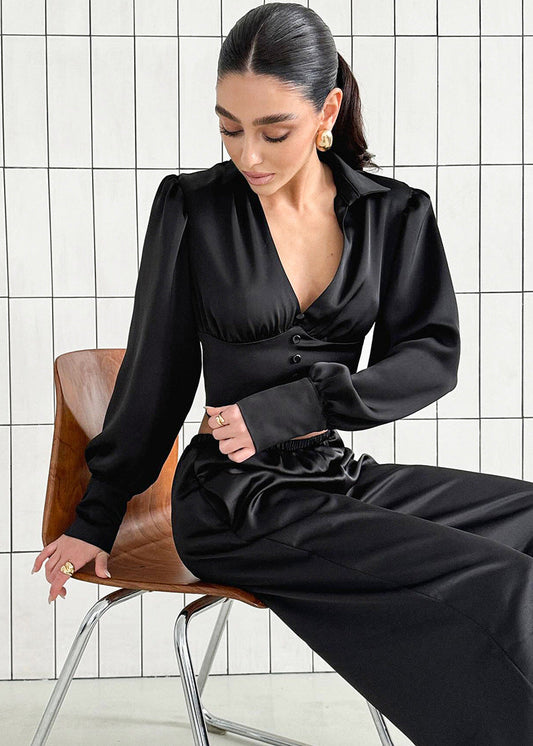 V-neck Long Sleeve Top & Wide-leg Pants Set