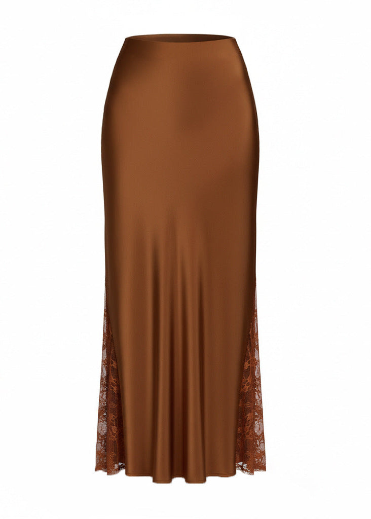 High-end satin A-line long skirt with lace