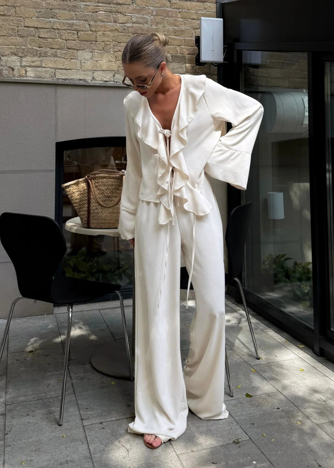 V Neck Ruffle Long Sleeve   2 Piece Set