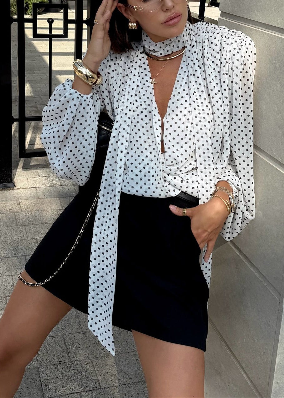French Style Loose V-Neck Polka Dot Shirt With Tie Strap