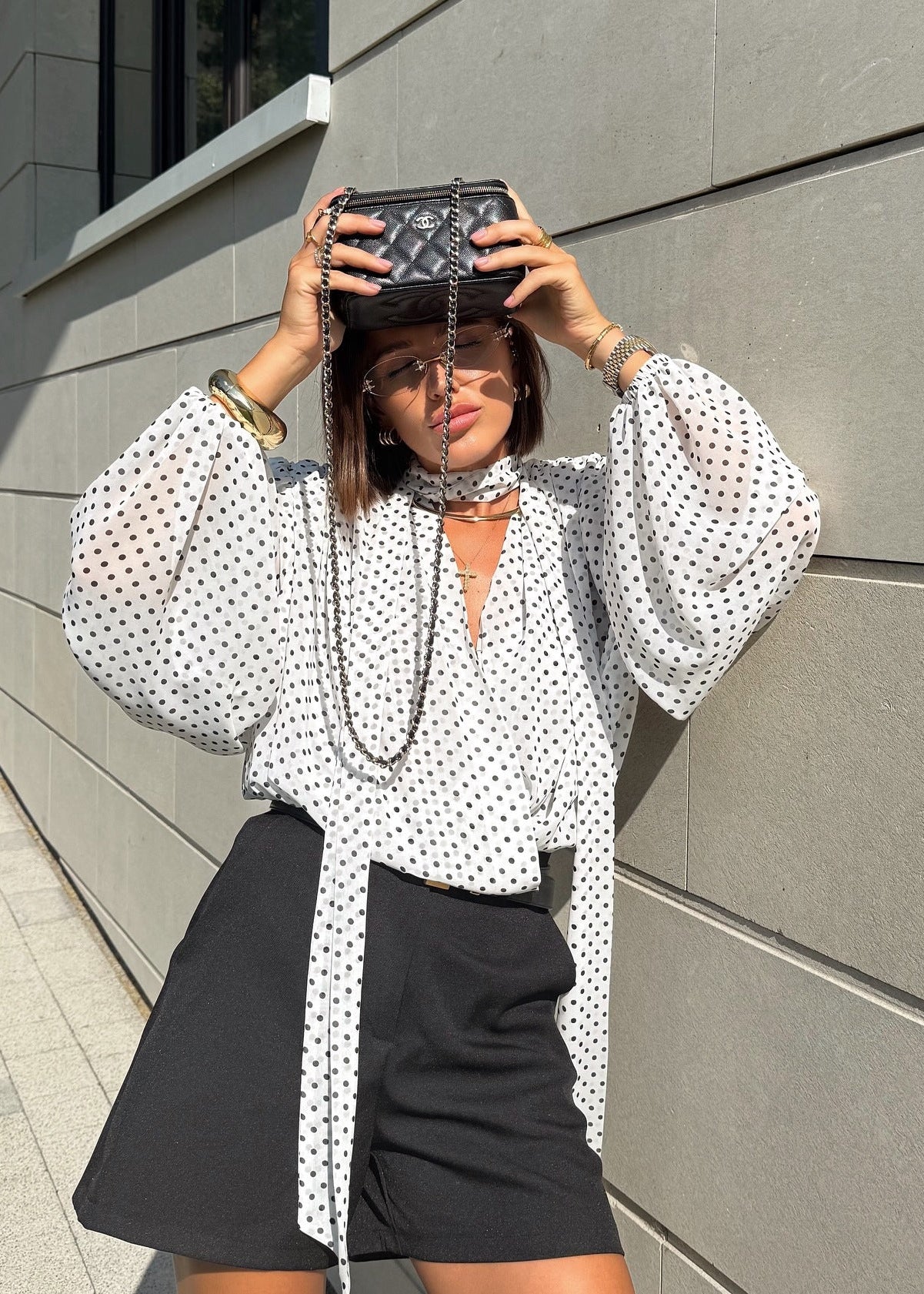 French Style Loose V-Neck Polka Dot Shirt With Tie Strap