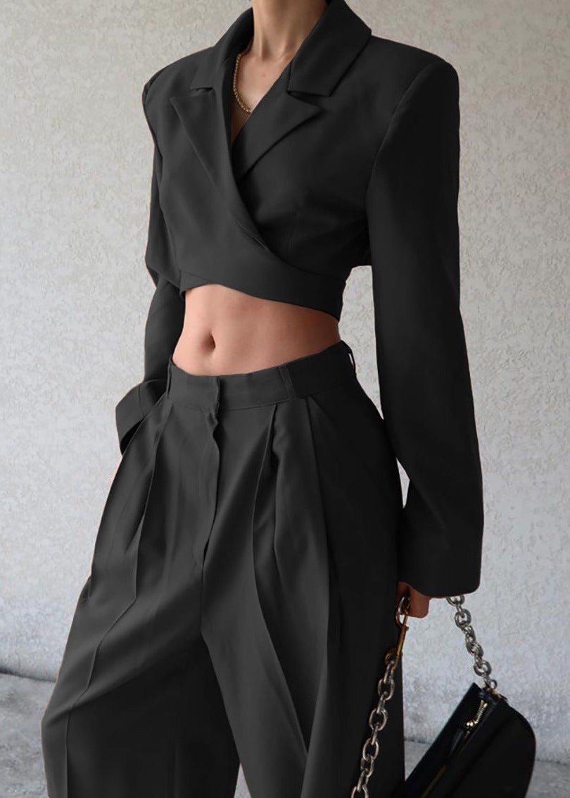 Long Sleeve Cropped Blazer & High Waist Casual Pants Set