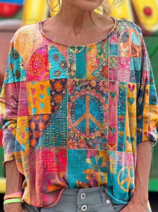 Vintage Love And Peace Flower Art Print Casual Long Sleeve T-shirt