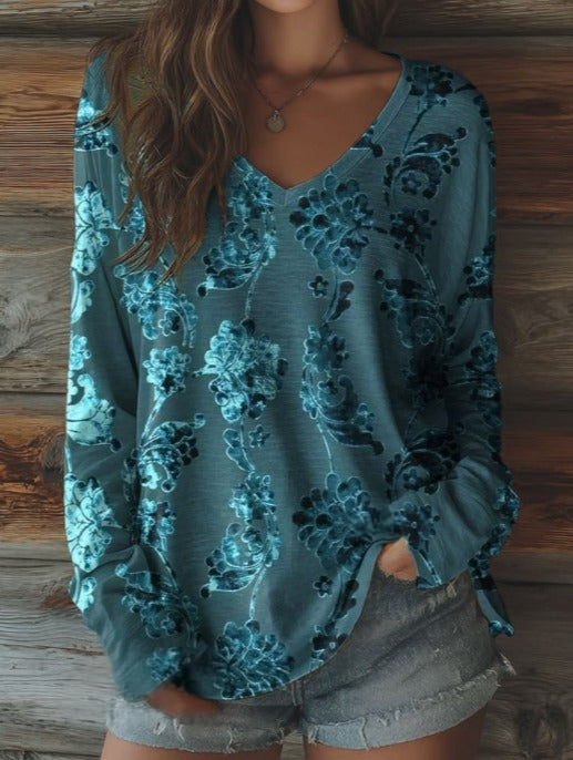 100% Cotton Women's Retro Floral Art Print Casual V-neck Long Sleeve T-shirt