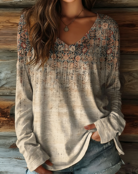 Women's Retro Texture Art Print Casual V-neck Long Sleeve T-shirt