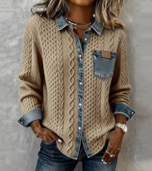 Top in Maglia Patchwork con Dettagli Denim