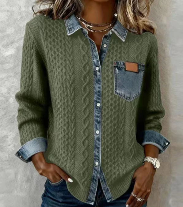 Top in Maglia Patchwork con Dettagli Denim