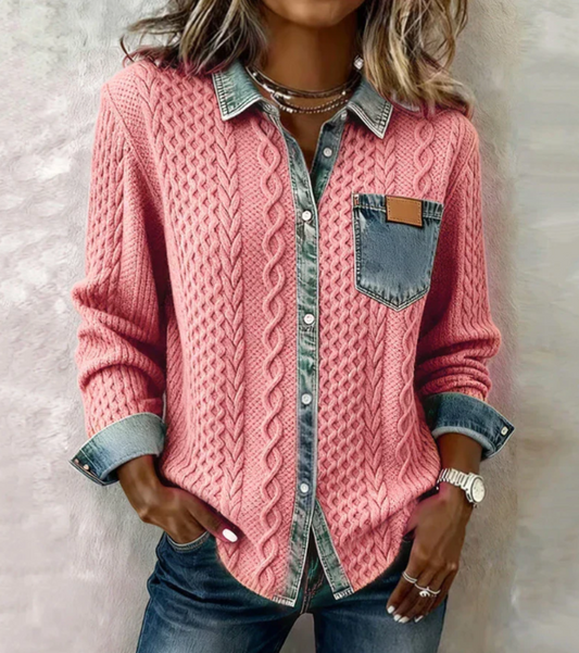 Top in Maglia Patchwork con Dettagli Denim