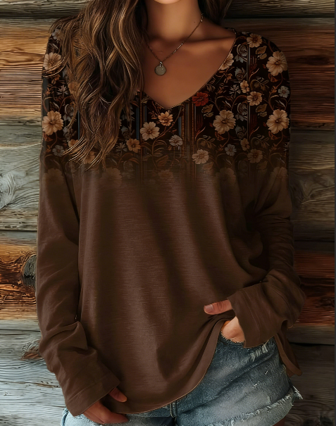 100% Cotton Women's Vintage Brown Print Casual V-neck Long Sleeve T-shirt