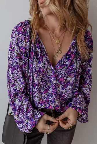 Bohemian floral split V-neck puff sleeve shirt cardigan