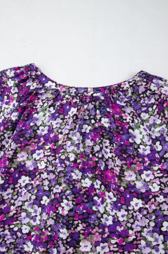 Bohemian floral split V-neck puff sleeve shirt cardigan